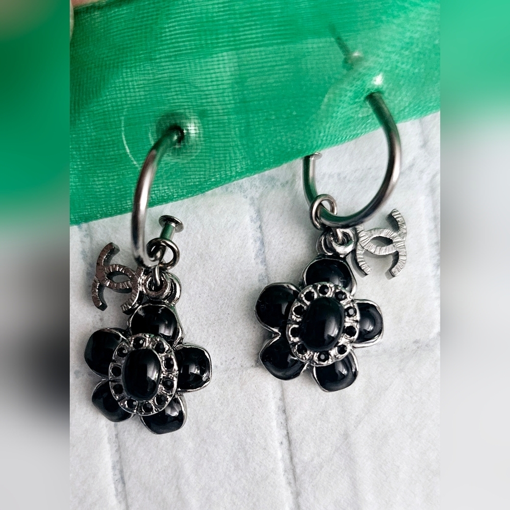 Chanel Enamel & Strass CC Flower Drop Earrings